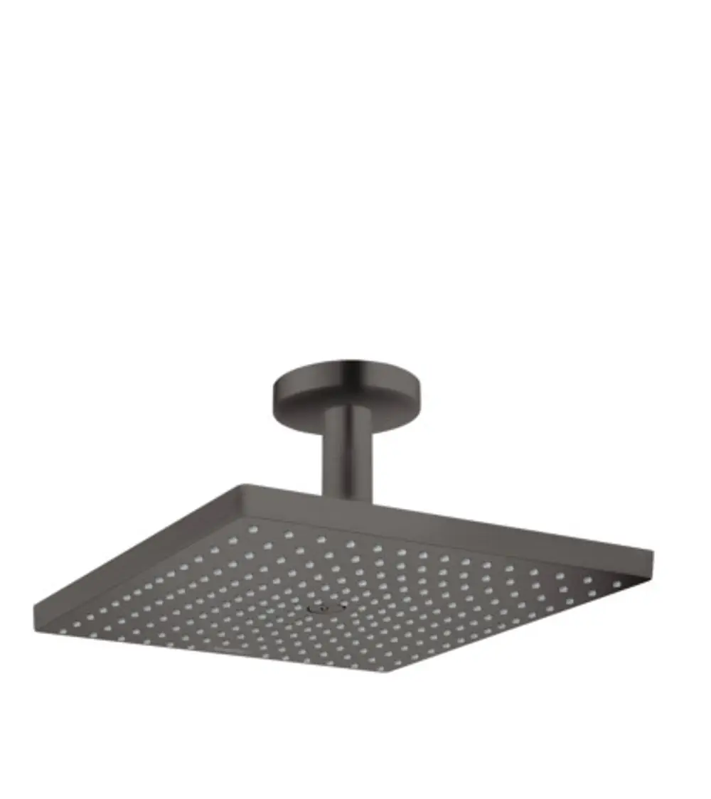 Duschkopf von Hansgrohe mit quadratischer Form und Deckenanschluss, in geschliffenem Schwarz. Oberfläche mit zahlreichen Düsen für gleichmäßigen Wasserfluss.